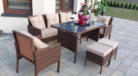 Brązowe meble technorattanowe z wysokim stołem 120cm i sofą Torino Dining