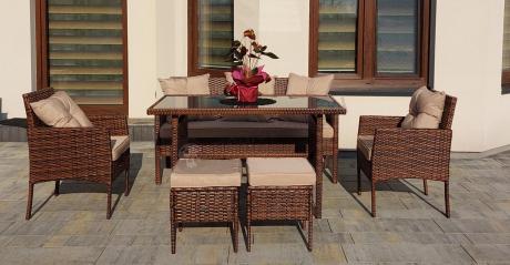 Brązowe meble technorattanowe z wysokim stołem 120cm i sofą Torino Dining