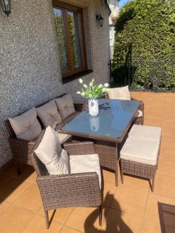 Brązowe meble technorattanowe z wysokim stołem 120cm i sofą Torino Dining