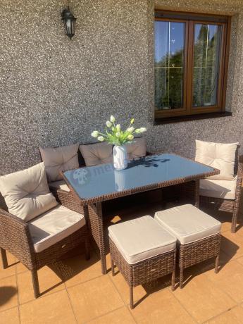 Brązowe meble technorattanowe z wysokim stołem 120cm i sofą Torino Dining