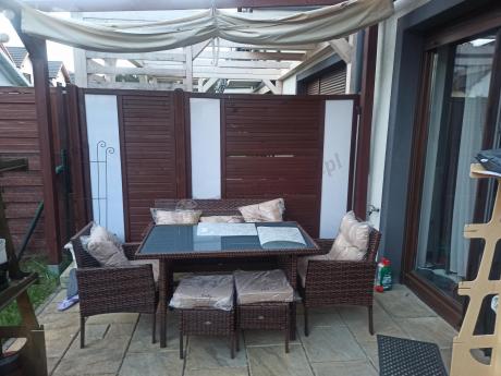 Brązowe meble technorattanowe z wysokim stołem 120cm i sofą Torino Dining