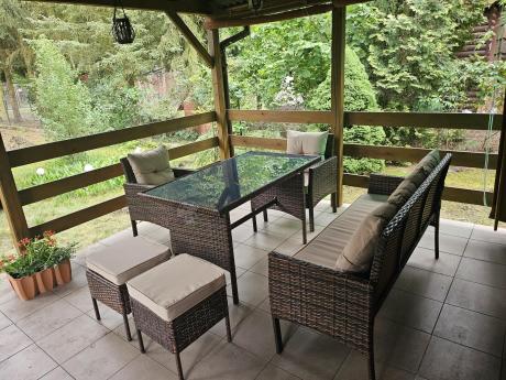 Brązowe meble technorattanowe z wysokim stołem 120cm i sofą Torino Dining