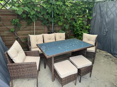 Brązowe meble technorattanowe z wysokim stołem 120cm i sofą Torino Dining