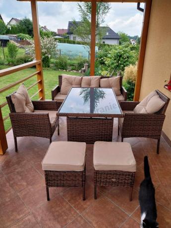 Brązowe meble technorattanowe z wysokim stołem 120cm i sofą Torino Dining