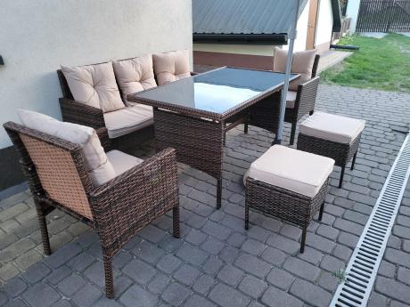 Brązowe meble technorattanowe z wysokim stołem 120cm i sofą Torino Dining