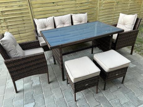 Brązowe meble technorattanowe z wysokim stołem 120cm i sofą Torino Dining