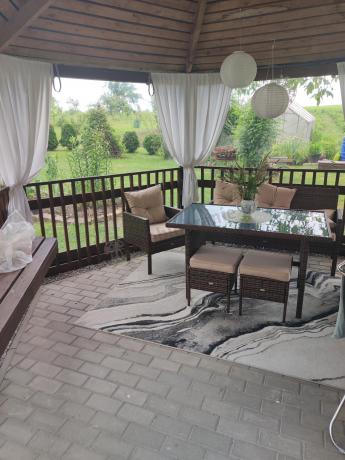 Brązowe meble technorattanowe z wysokim stołem 120cm i sofą Torino Dining