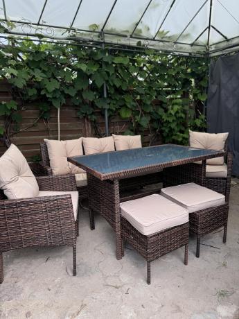 Brązowe meble technorattanowe z wysokim stołem 120cm i sofą Torino Dining