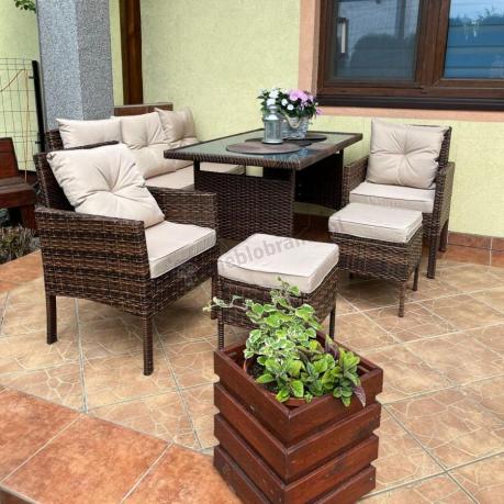 Brązowe meble technorattanowe z wysokim stołem 120cm i sofą Torino Dining