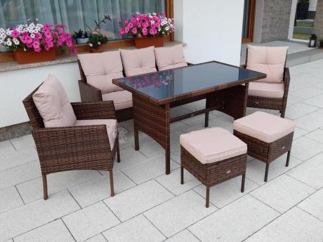 Brązowe meble technorattanowe z wysokim stołem 120cm i sofą Torino Dining