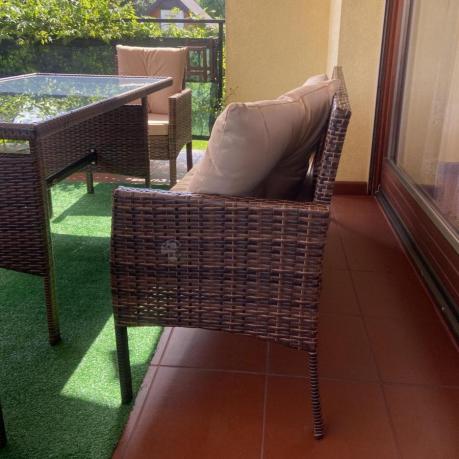 Brązowe meble technorattanowe z wysokim stołem 120cm i sofą Torino Dining