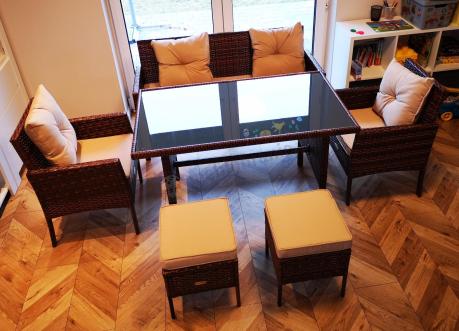 Brązowe meble technorattanowe z wysokim stołem 120cm i sofą Torino Dining