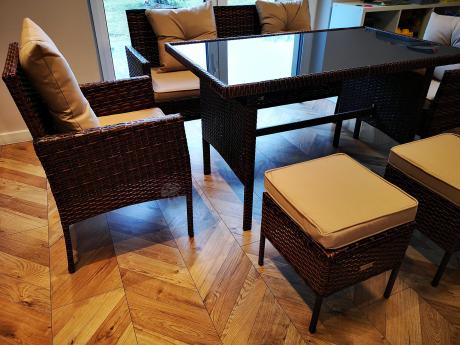 Brązowe meble technorattanowe z wysokim stołem 120cm i sofą Torino Dining