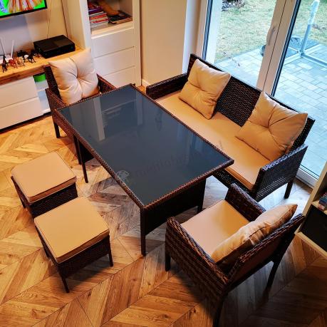 Brązowe meble technorattanowe z wysokim stołem 120cm i sofą Torino Dining