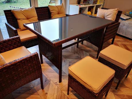 Brązowe meble technorattanowe z wysokim stołem 120cm i sofą Torino Dining