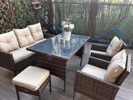 Brązowe meble technorattanowe z wysokim stołem 120cm i sofą Torino Dining