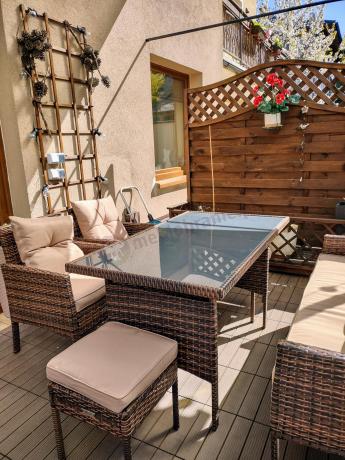 Brązowe meble technorattanowe z wysokim stołem 120cm i sofą Torino Dining