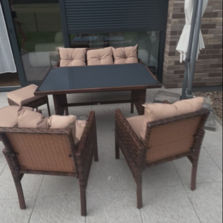 Brązowe meble technorattanowe z wysokim stołem 120cm i sofą Torino Dining