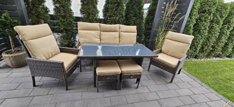 Brązowe neble ogrodowe z sofą 175cm, wysokim stołem, fotelami i pufami Lirata Dining