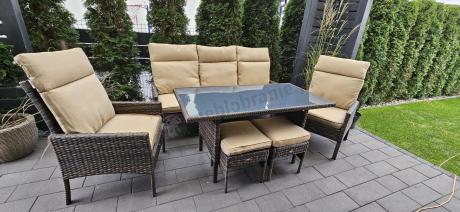 Brązowe neble ogrodowe z sofą 175cm, wysokim stołem, fotelami i pufami Lirata Dining