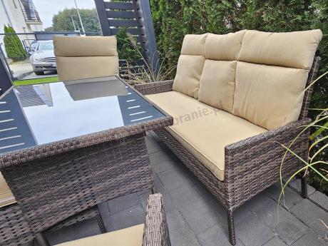 Brązowe neble ogrodowe z sofą 175cm, wysokim stołem, fotelami i pufami Lirata Dining