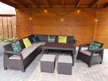 Brązowy narożnik do ogrodu Relly VII ze stołem podnoszonym i fotelem + pufy