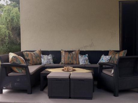 Brązowy narożnik do ogrodu Relly VII ze stołem podnoszonym i fotelem + pufy