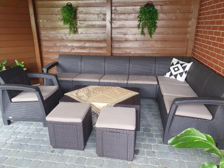 Brązowy narożnik do ogrodu Relly VII ze stołem podnoszonym i fotelem + pufy