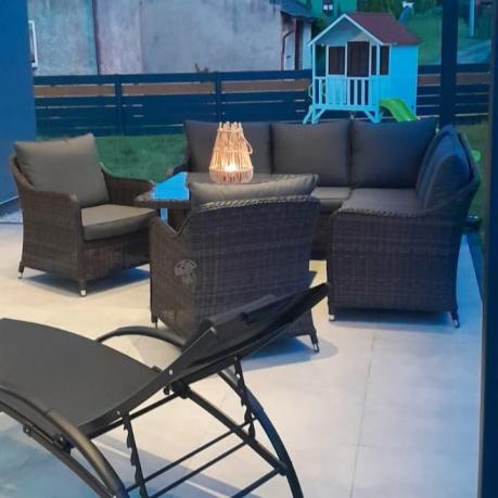 Brązowy narożnik na taras 207x207cm z wysokim stołem i fotelami Novici - Dark Brown