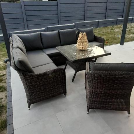 Brązowy narożnik na taras 207x207cm z wysokim stołem i fotelami Novici - Dark Brown