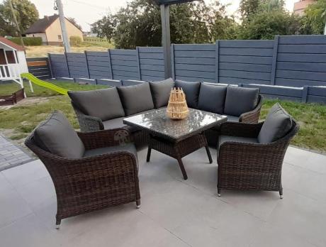 Brązowy narożnik na taras 207x207cm z wysokim stołem i fotelami Novici - Dark Brown