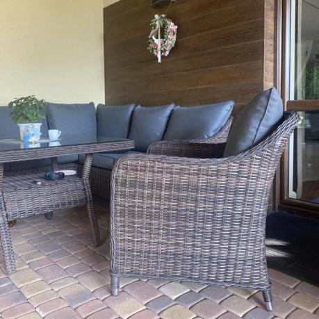 Brązowy narożnik na taras 207x207cm z wysokim stołem i fotelami Novici - Dark Brown