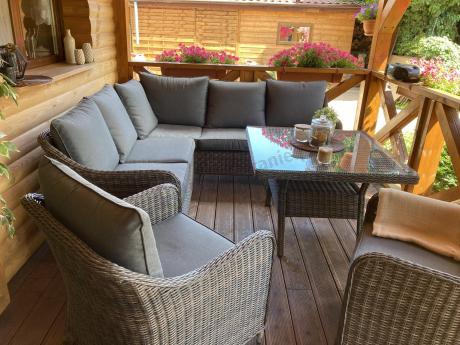 Brązowy narożnik na taras 207x207cm z wysokim stołem i fotelami Novici - Dark Brown