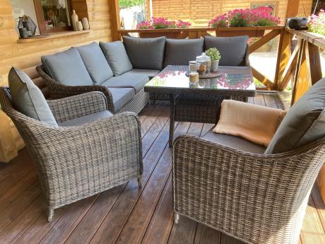 Brązowy narożnik na taras 207x207cm z wysokim stołem i fotelami Novici - Dark Brown