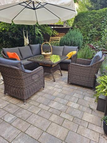 Brązowy narożnik na taras 207x207cm z wysokim stołem i fotelami Novici - Dark Brown