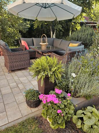 Brązowy narożnik na taras 207x207cm z wysokim stołem i fotelami Novici - Dark Brown