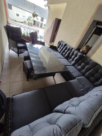 Brązowy narożnik na taras Laritto Corner XL + 2x regulowany fotel i pufy - Dark Brown