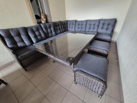 Brązowy narożnik na taras Laritto Corner XL + 2x regulowany fotel i pufy - Dark Brown