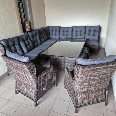 Brązowy narożnik na taras Laritto Corner XL + 2x regulowany fotel i pufy - Dark Brown