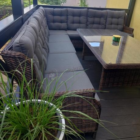 Brązowy narożnik na taras Laritto Corner XL + 2x regulowany fotel i pufy - Dark Brown