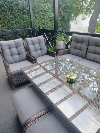 Brązowy narożnik na taras Laritto Corner XL + 2x regulowany fotel i pufy - Dark Brown