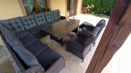 Brązowy narożnik na taras Laritto Corner XL + 2x regulowany fotel i pufy - Dark Brown