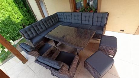 Brązowy narożnik na taras Laritto Corner XL + 2x regulowany fotel i pufy - Dark Brown