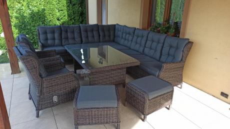 Brązowy narożnik na taras Laritto Corner XL + 2x regulowany fotel i pufy - Dark Brown