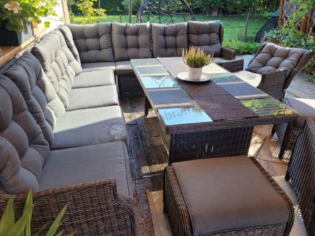 Brązowy narożnik na taras Laritto Corner XL + 2x regulowany fotel i pufy - Dark Brown