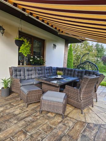 Brązowy narożnik na taras Laritto Corner XL + 2x regulowany fotel i pufy - Dark Brown