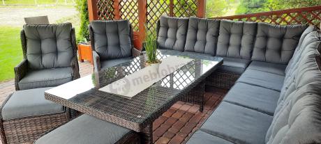 Brązowy narożnik na taras Laritto Corner XL + 2x regulowany fotel i pufy - Dark Brown