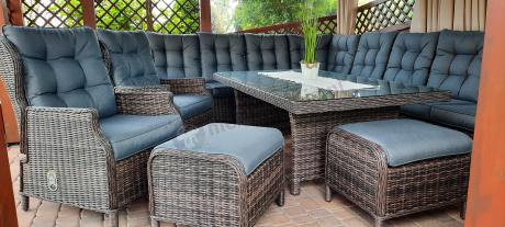 Brązowy narożnik na taras Laritto Corner XL + 2x regulowany fotel i pufy - Dark Brown