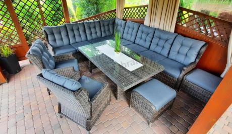 Brązowy narożnik na taras Laritto Corner XL + 2x regulowany fotel i pufy - Dark Brown