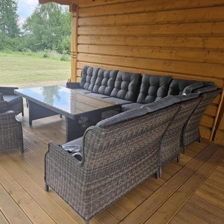 Brązowy narożnik na taras Laritto Corner XL + 2x regulowany fotel i pufy - Dark Brown